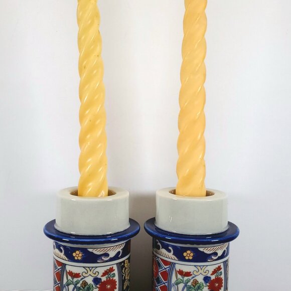 Imari Style Porcelain Candlestick Set of 2 Asian Inspired Blue Red Floral Candle - Picture 3 of 7